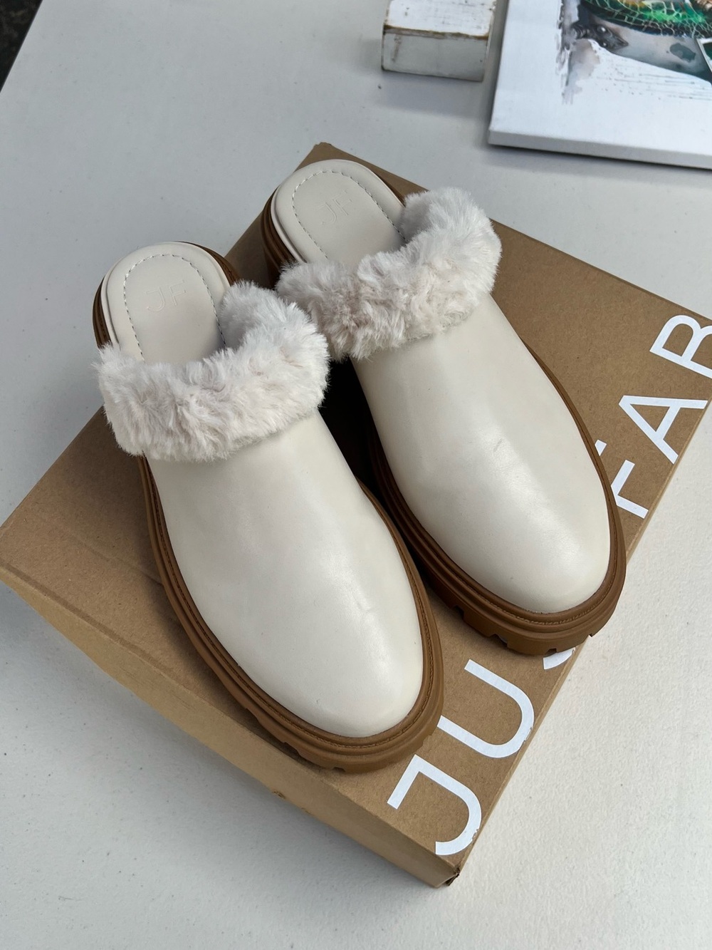 Womens Just Fab Faux-Fur Trim Cream Slip-On Mules size 10